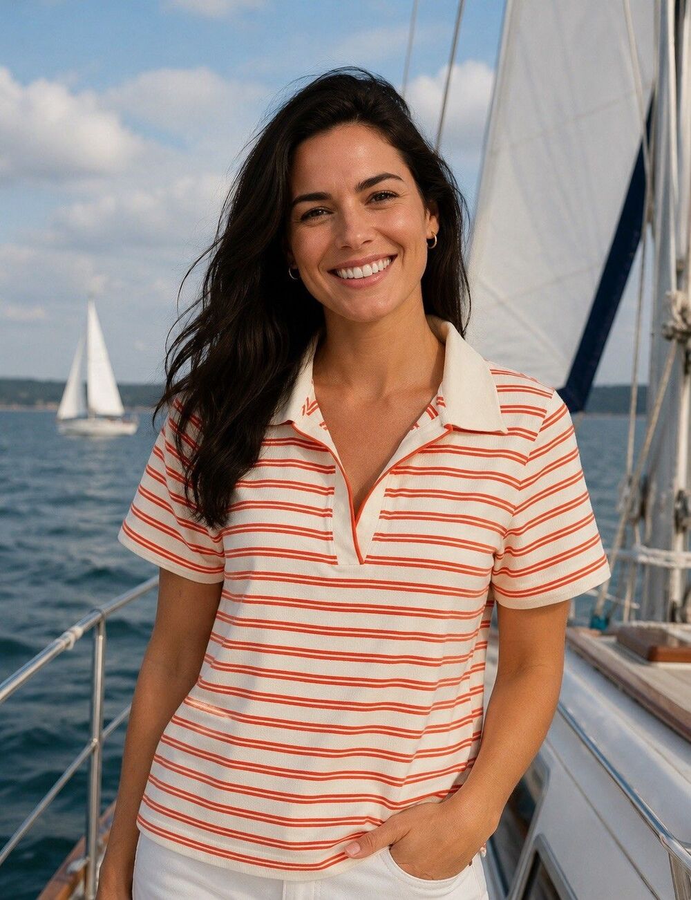 Lands End Women’s Orange White Stripe XL Cotton Blend Narrow Rib Polo Preppy